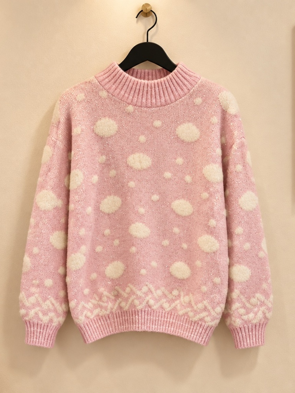 Soft Vintage Pink Polka-Pattern Turtleneck Sweater
